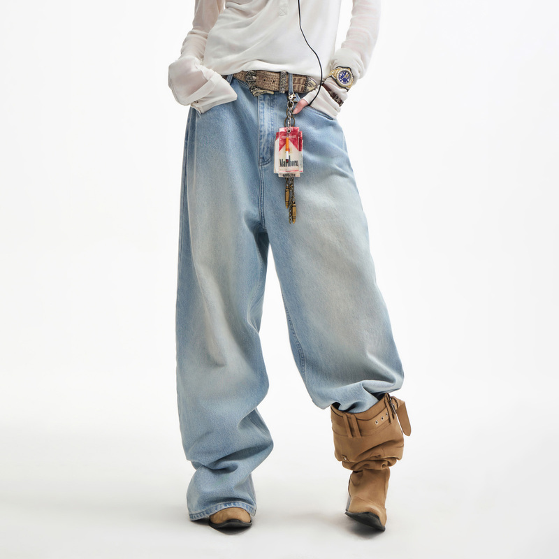 Yemanup* Gradient Sky Blue Snowflake Texture Baggy Loose Straight-Leg Jeans 13.5oz