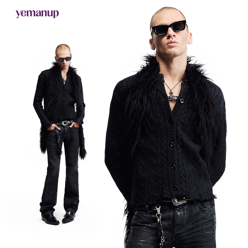 Yemanup* "Trainspotting" Cable-Knit Waxed Cardigan Sweater Textured Long-Sleeve Knitwear Distressed Jacket Yemanup* "Trainspotting" Cable-Knit Waxed Cardigan Sweater Textured Long-Sleeve Knitwear Distressed Jacket
