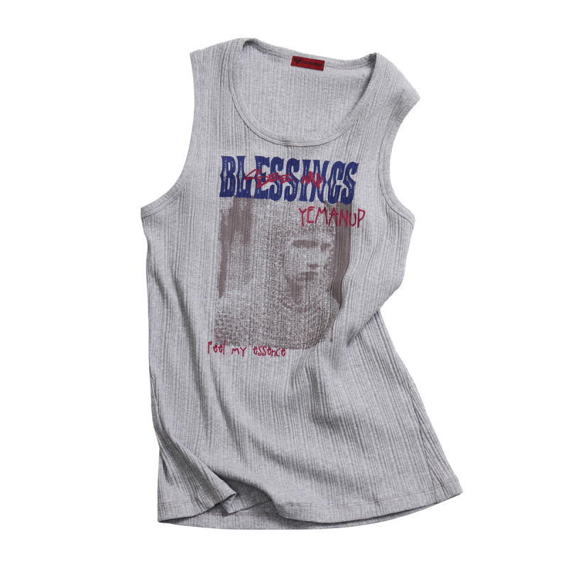 Yemanup* “Essence” Slogan Portrait Print 230g Ribbed Round Neck Elastic Slim-Fit Camisole