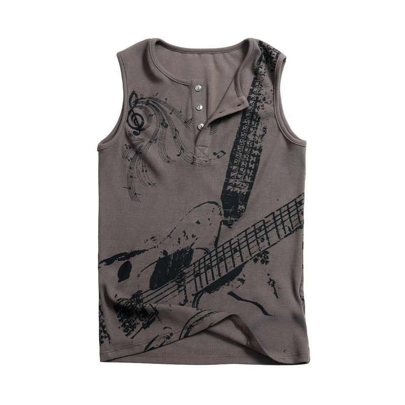 Yemanup* Vintage Distressed Rock Band Guitar Print Sleeveless Camisole White/Black Earth Tone