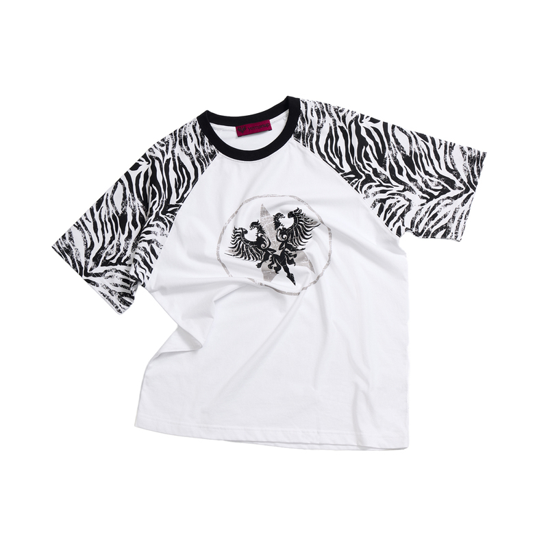 Yemanup* Millennium Retro Double-Headed Eagle Brand Logo Printed Zebra Pattern Raglan Sleeve 100% Cotton Short-Sleeved T-Shirt