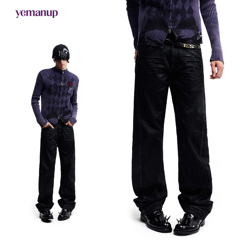 Yemanup*"Trainspotting" Matte Distressed Hand-Waxed Whiskered Jeans, Engineer-Fit Long Pants