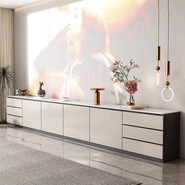 Popular Solid Wood Tv Cabinet 2024 New Model Floor-Standing Rock Slab Integrated Storage Cabinet for Home Living Room Tall Tv Cabinet