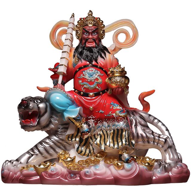 Popular White Marble Hollow Statue of Zhao Gongming, the Five Paths God of Wealth, Riding a Black Tiger, for Worship