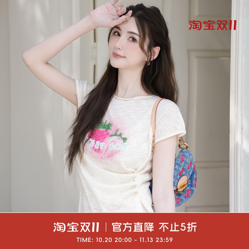 Coco Becci【Strawberry T】Cool-Feeling Viscose Glitter Strawberry Print Slimming Short-Sleeve T-Shirt for Women in Summer Coco Becci【Strawberry T】Cool-Feeling Viscose Glitter Strawberry Print Slimming Short-Sleeve T-Shirt for Women in Summer