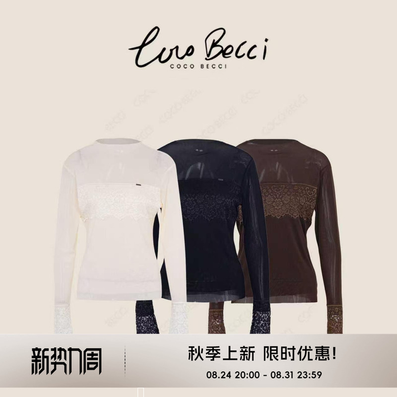 Coco Becci【Mesh Lace Base Layer】Round Neck Breathable Wave Lace Patchwork Knit Sweater for Women 2026 Autumn Coco Becci【Mesh Lace Base Layer】Round Neck Breathable Wave Lace Patchwork Knit Sweater for Women 2026 Autumn