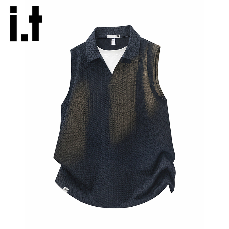 It Izzue Trendy and Fashionable Textured Lapel Vest for Men, Summer Loose Breathable Casual Versatile Sleeveless Top Y