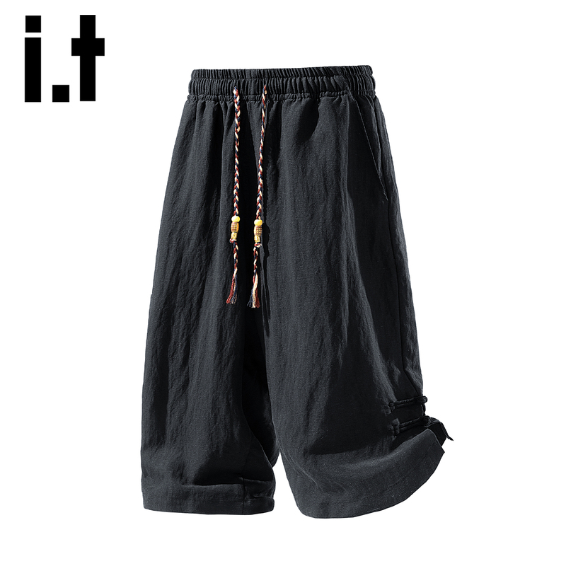 Itizzue Linen Casual Shorts for Men, Summer Thin Loose Drawstring Trendy Cool Black Five-Point Shorts Y