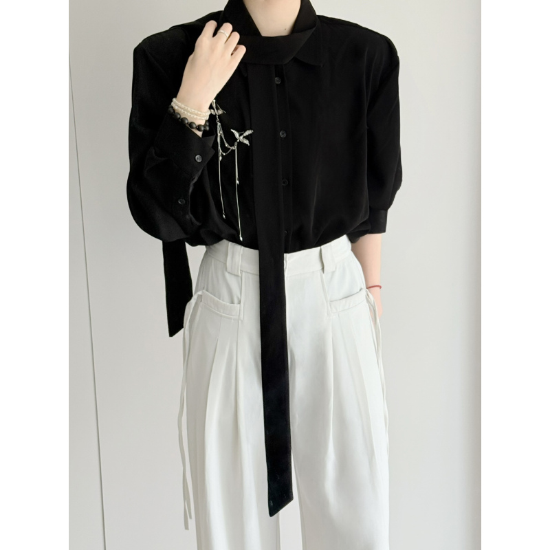 Stun High-End Black Shirt, Loose Chiffon Ribbon Long-Sleeved Top, Design-Focused Niche Drapey Shirt