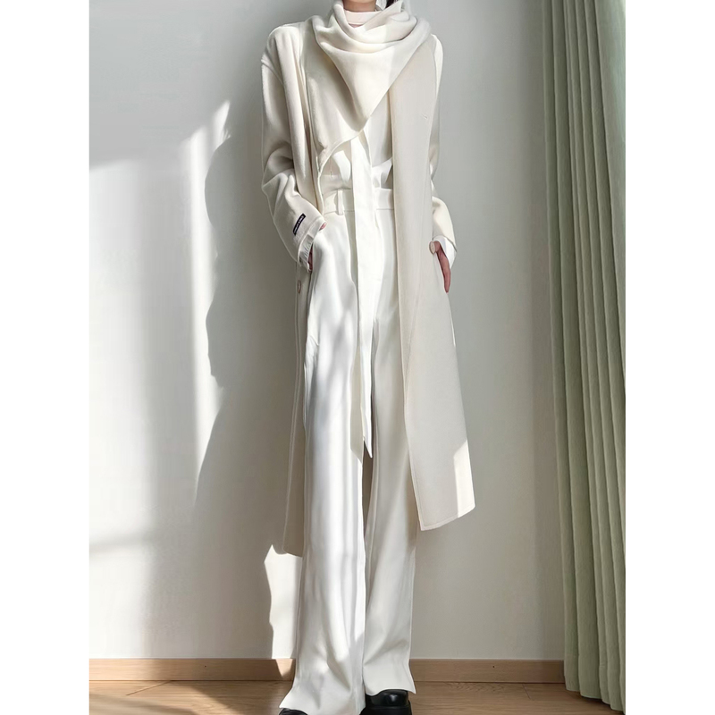 Stun Original Mid-Length Trench Coat with Scarf Collar, Unique Design, Over-The-Knee Suit Coat Stun Original Mid-Length Trench Coat with Scarf Collar, Unique Design, Over-The-Knee Suit Coat
