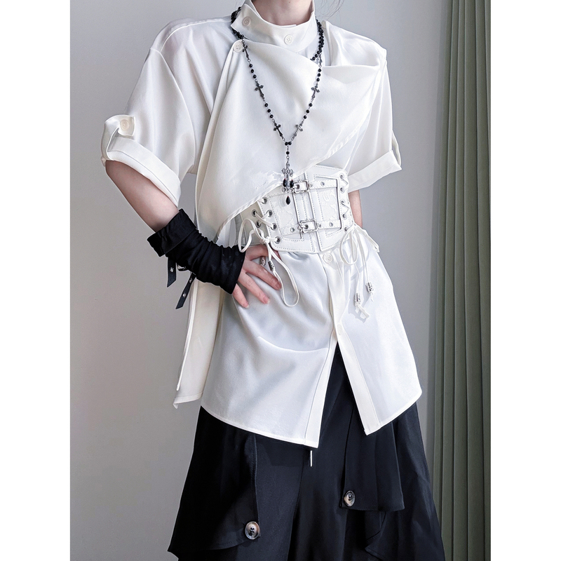 Stun Original Niche Design Scarf Collar Top New Chinese Style Unisex Short-Sleeved Shirt with Ribbon