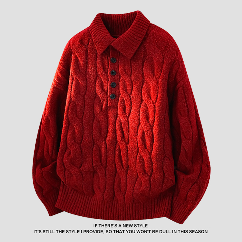 Bright Red Polo Sweater with a Turn-Down Collar, Knitted Pullover for Men and Women, Cable Knit, High-End Old Money Style, Autumn and Winter Sweater Bright Red Polo Sweater with a Turn-Down Collar, Knitted Pullover for Men and Women, Cable Knit, High-End Old Money Style, Autumn and Winter Sweater