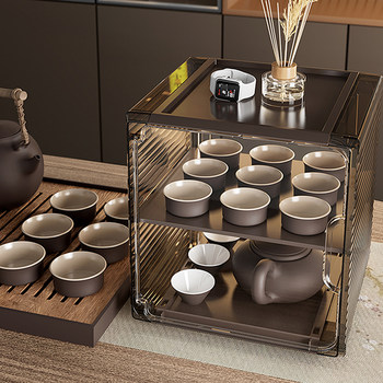 Tea set storage box transparent kung fu tea cup teapot cup holder wine glass k dustproof cup storage rack