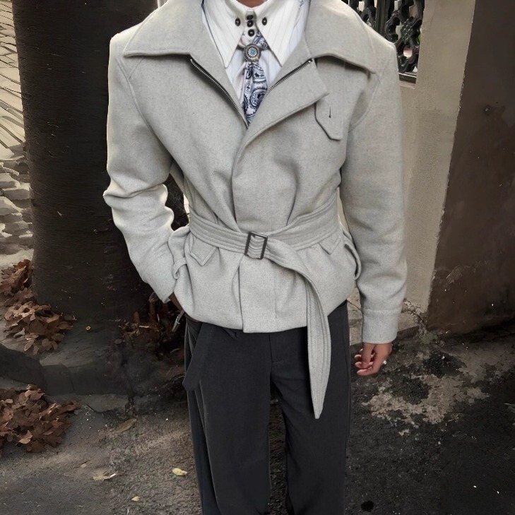 Masterism Wool Tie Jacket with Speckled Yarn Cleanfit Regular Shoulder Woolen Jacket Coat 4Junks