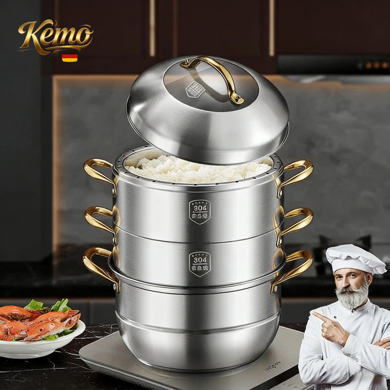 German Household Steamer for Rice, 304 Stainless Steel, Thickened, Multi-Layer, Integrated Steaming and Cooking, Non-Porous, Solid, No Flavor Transfer, Steamer Basket
