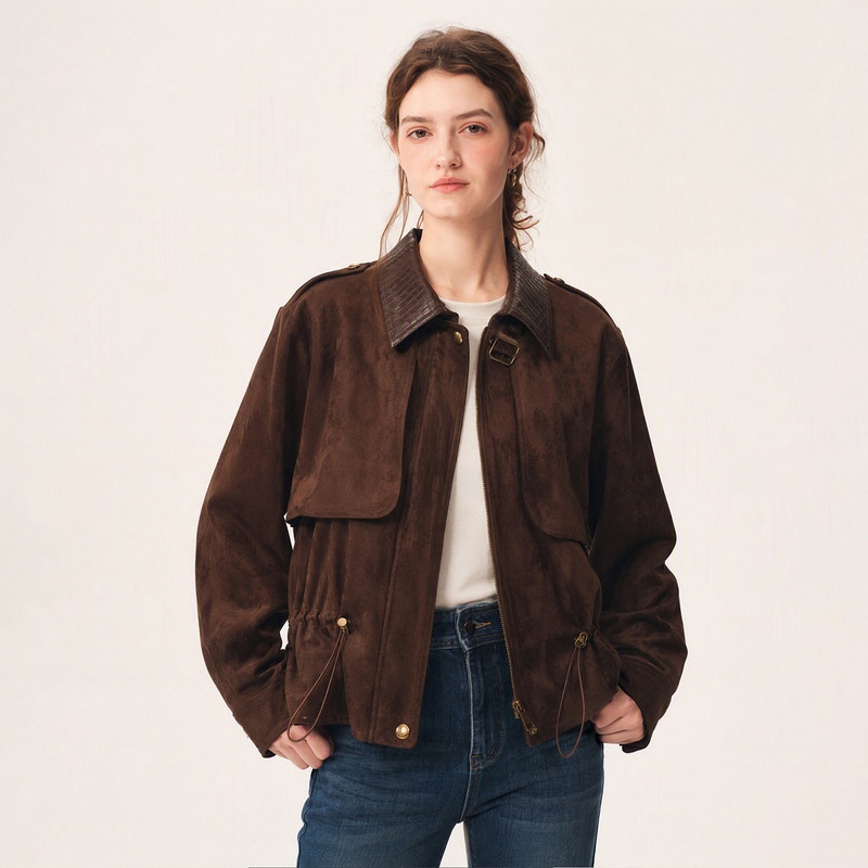 Jil Sister Caramel Color Retro Suede Short Jacket for Women in Autum with Patchwork Lapel, Waist-Cinching, Loose Short Jacket Jil Sister Caramel Color Retro Suede Short Jacket for Women in Autum with Patchwork Lapel, Waist-Cinching, Loose Short Jacket