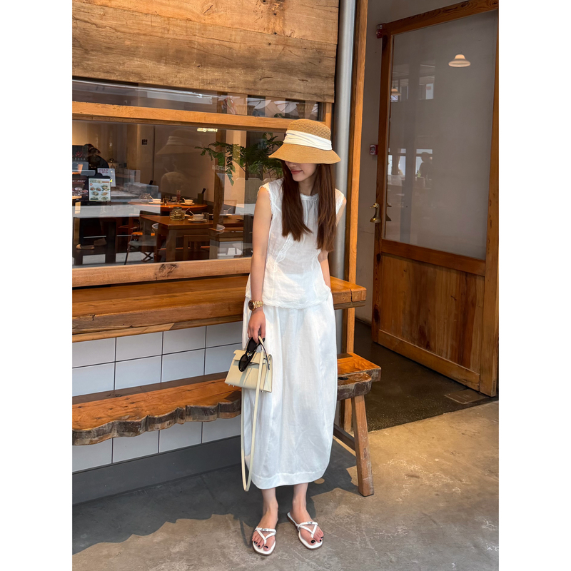 The 7 Nova "Stroll Skirt" Design Tencel Linen White Elastic Waist Slimming Floral Bud Skirt Summer