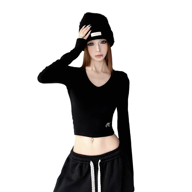 Xu Dafang 2026 Autumn American Hot Girl Style Black V-Neck Long Sleeve T-Shirt Women's Slim Fit Short Crop Top