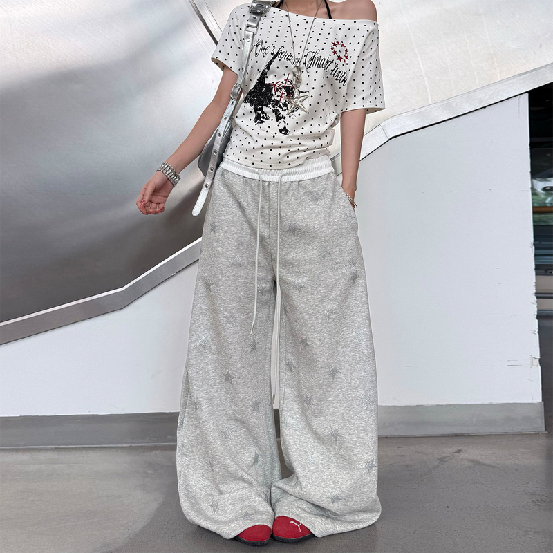 American-Style Gray All-Over Star Print Sweatpants for Women, Summer Loose Wide-Leg Scimitar Sweatpants with a Sense of Design, Jazz Dance Pants American-Style Gray All-Over Star Print Sweatpants for Women, Summer Loose Wide-Leg Scimitar Sweatpants with a Sense of Design, Jazz Dance Pants