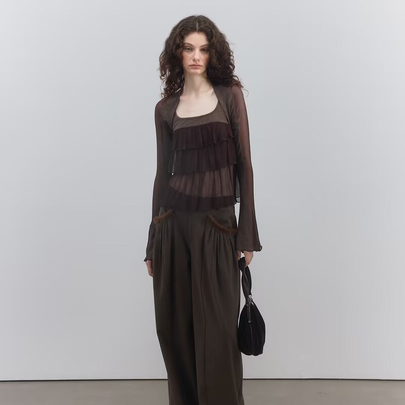 Mottoless Red-Brown Knitted Chiffon Patchwork Ruffle Cake Two-Piece Top Set