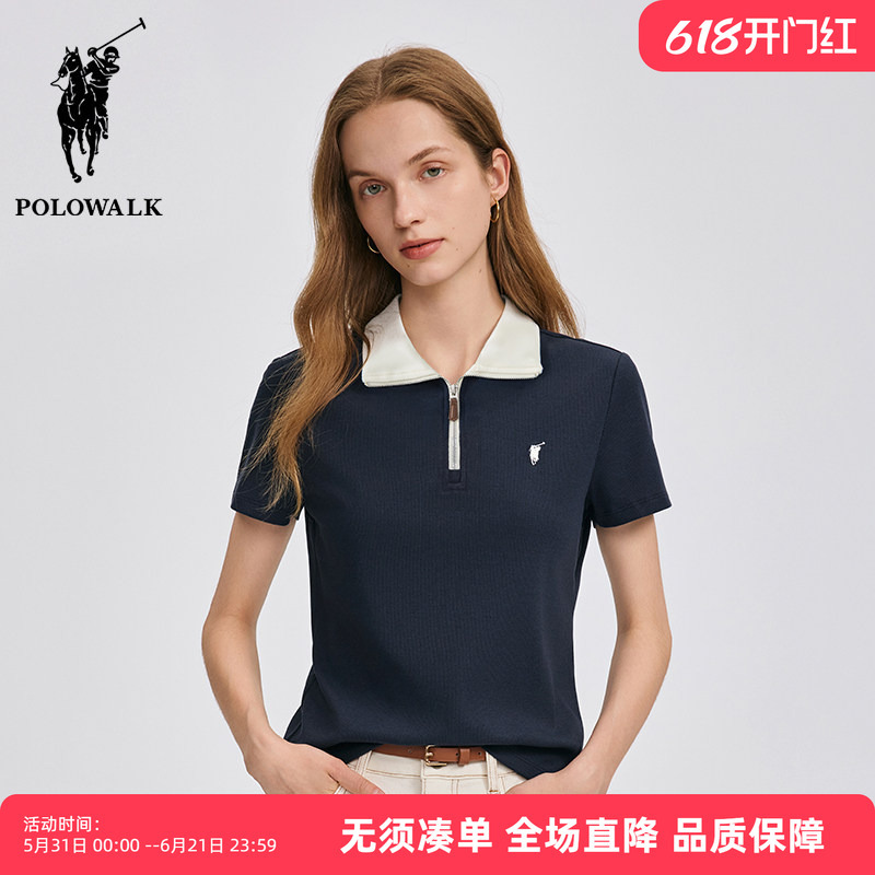 Polowalk Simple Short-Sleeved Lapel Polo Shirt Women's Summer Paul Casual Business Contrast Color Slim Right Shoulder T-Shirt