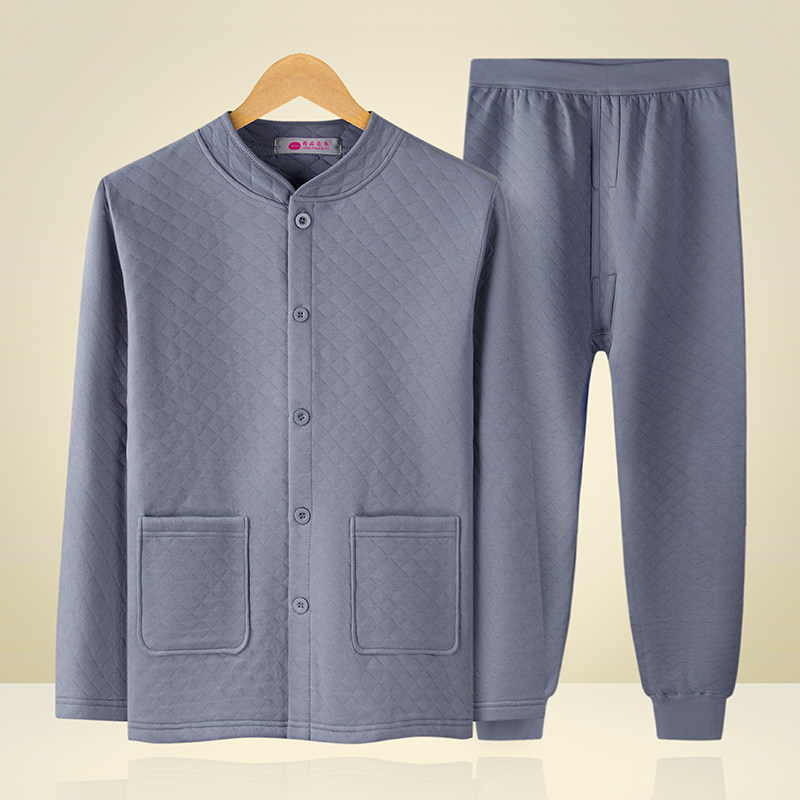 Autumn Winter Middle Aged Men's Warm Underwear Suit Triple Clip Cotton Thickened Pure Cotton Open Flap Jacket Old Man Autumn Clothes Sanitary Pants