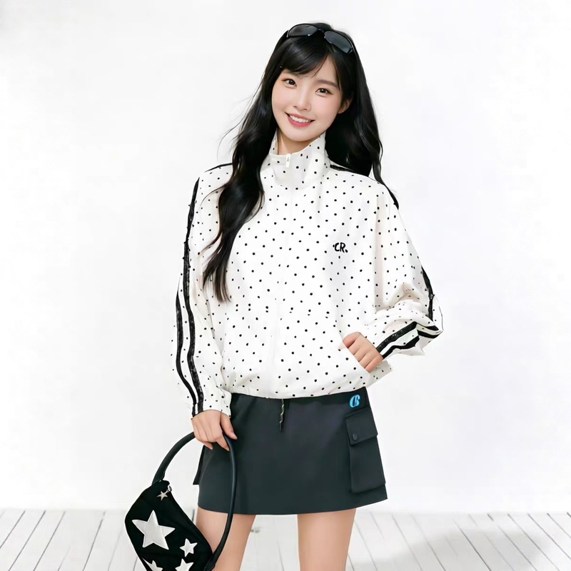Korean-Style Polka Dot Print Stand Collar Loose Lightweight Versatile Sun Protection Jacket for Women, Summer Thin Loose Top