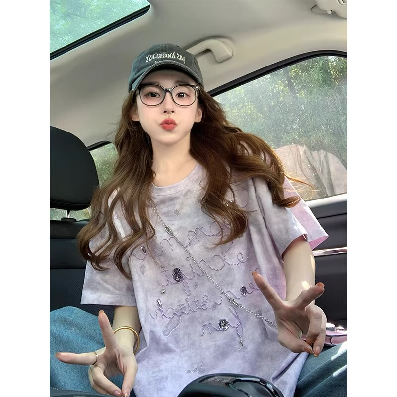 Korean Kisyh [Original] Purple Tie-Dye American-Style Short-Sleeve T-Shirt for Women 2026 New Summer Embroidered Loose Top