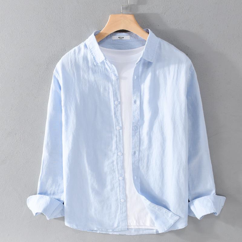 Guangdong Puning Long-Sleeved Men's Shirt, Cotton and Linen Long-Sleeved Shirt, White, Artistic, Versatile, Casual, Versatile Youth Shirt