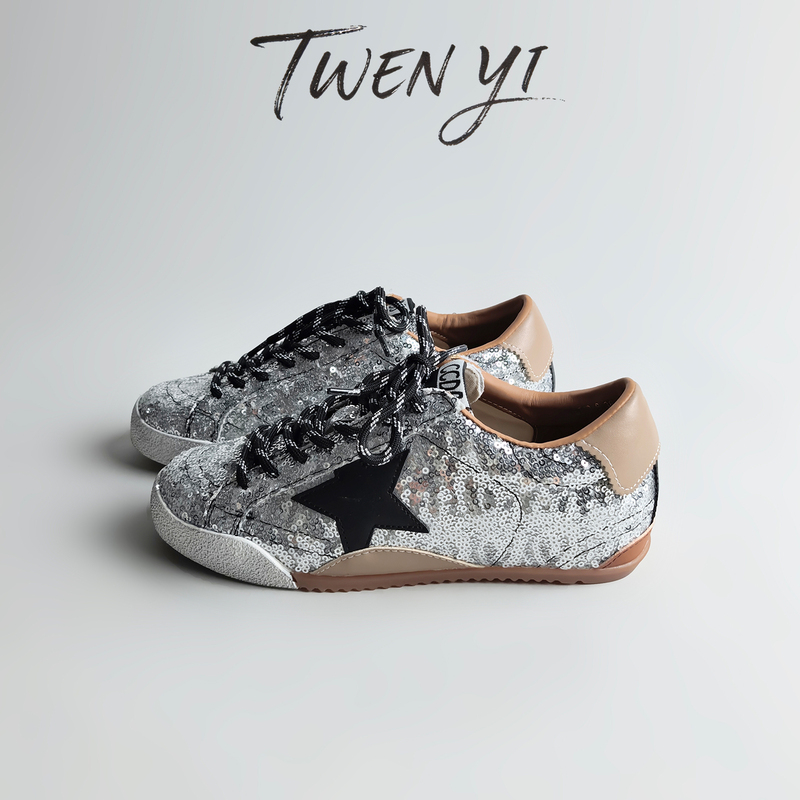 Silver Sequin Star Shoes for Women 2026 Spring New Style Height-Increasing German Training Shoes Thick-Soled Casual Sneakers Sports Shoes