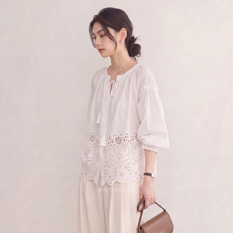 2026 Autumn New French Resort Style White Lace Embroidered Shirt for Women, Tie-Up Slimming Versatile Plus Size Top 2026 Autumn New French Resort Style White Lace Embroidered Shirt for Women, Tie-Up Slimming Versatile Plus Size Top