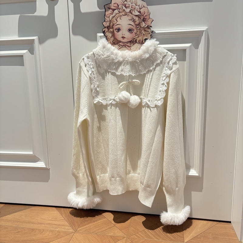Rabbit King Original Design Knitted Core-Spun Yarn Cute Lolita Inner Sweater with Small Pom-Poms