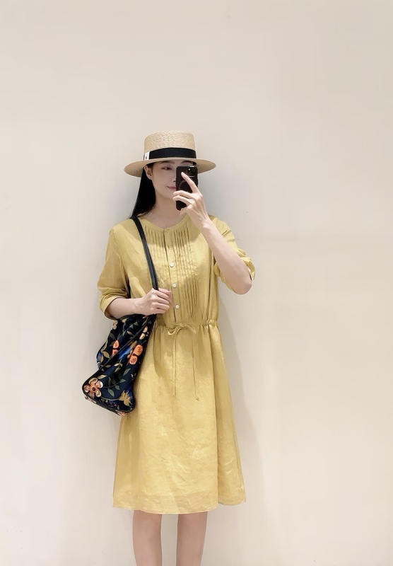 New Thin Ramie Plain Weave Mid-Sleeve Dress