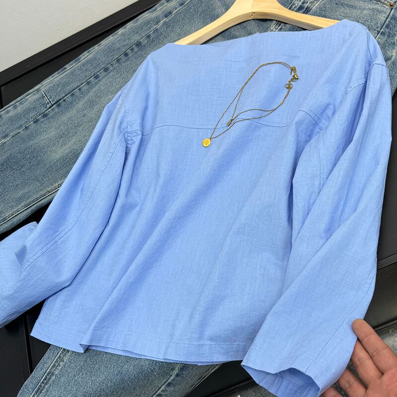Simple and Elegant Standard-Fit Cotton-Linen Blend Boat Neck Off-Shoulder Shirt 51646 Simple and Elegant Standard-Fit Cotton-Linen Blend Boat Neck Off-Shoulder Shirt 51646