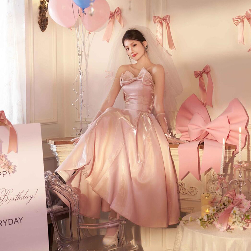 Pink Evening Dress, Light Luxury, Niche, High-End, Coming-Of-Age Ceremony, Birthday Banquet Host, Strapless Dress, 2026 New Style