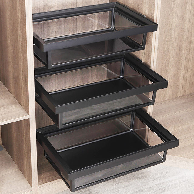 Wardrobe telescopic pull-out basket drawer cloakroom wardrobe trouser rack for household built-in glass metal U storage slide rail