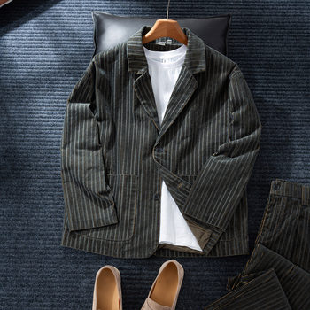 Maxhang life corduroy men's suit jacket autumn new old money style loose casual striped suit top