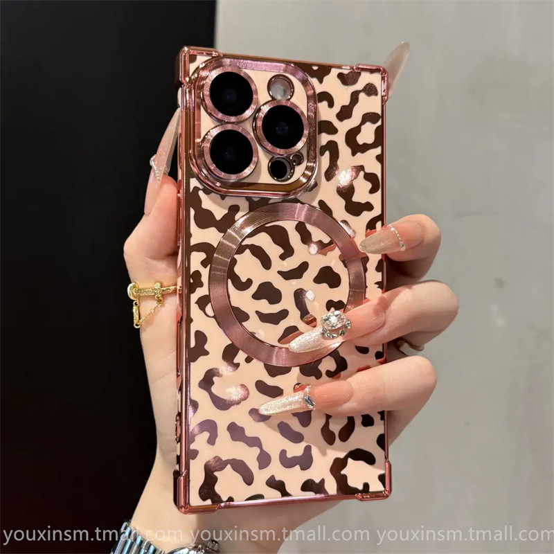 ins High-End Luxury Leopard Print Phone Case Suitable for iPhone 16 Pro, Apple 17, New Model 15 Pro Max, Magnetic 11, Right-Angle 12, Trendy for Women 13, Popular 14 Plus, Internet Celebrity Hot Item 16 Pro Max, Shockproof Cover