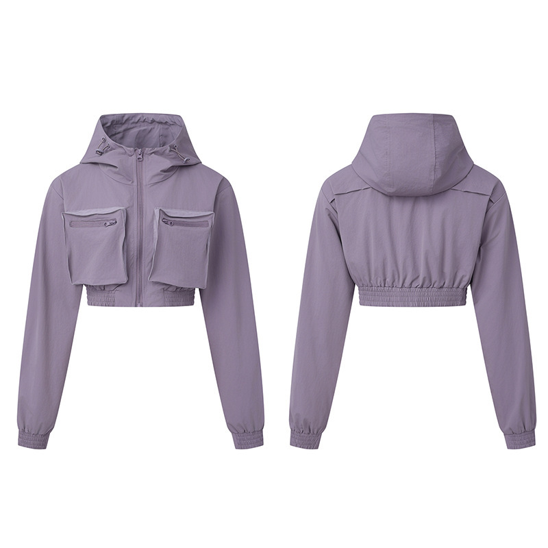 Trendy American-Style Double-Pocket Workwear Windbreaker Jacket for Women with Elastic Drawstring Waist, Hood, and Functional Outdoor Windproof Features