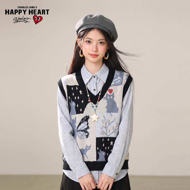 Charles Peach Heart V-Neck Sleeveless Vest Women's Cardigan Autumn/Winter 2026 New Style Layered Sweater Vest