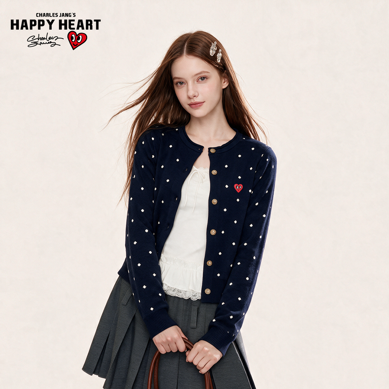 Charles Heart Polka Dot Long Sleeve Knitted Cardigan Women's New Casual Versatile College Style Round Neck Sweater Jacket