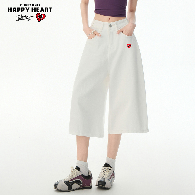 Charles Peach Heart White Cropped Denim Shorts for Women, Summer New High-Waisted Slimming Straight Loose Wide-Leg Pants