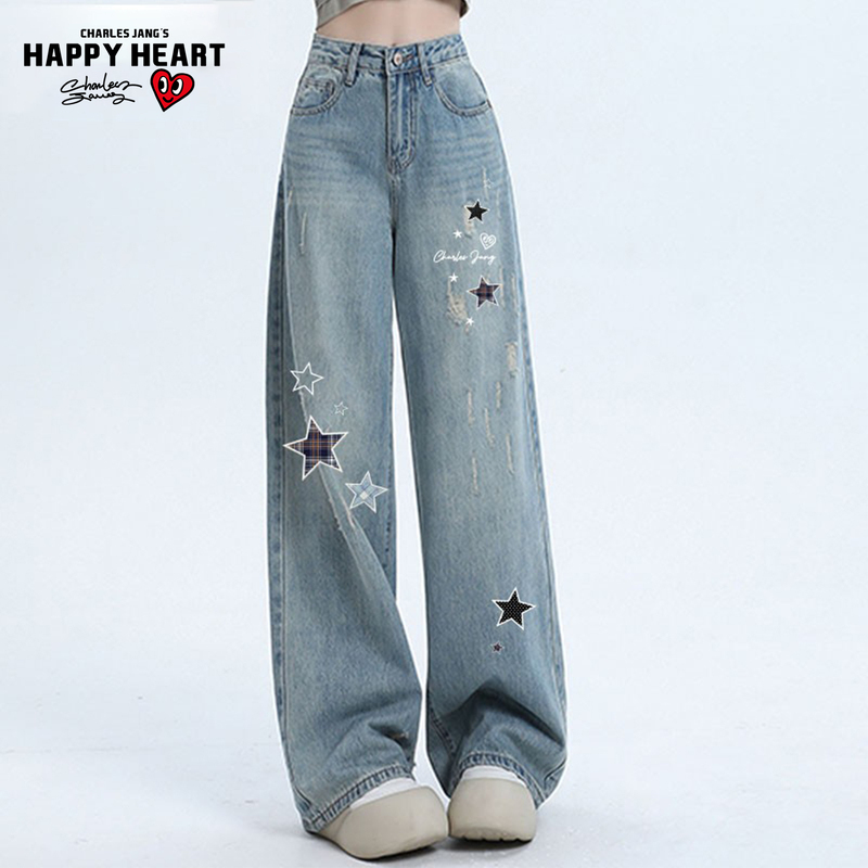 Charles Peach Heart【Wang Churan Endorsement】Light Blue High-Waisted Pentagram Print Loose Ripped Floor-Length Jeans Charles Peach Heart【Wang Churan Endorsement】Light Blue High-Waisted Pentagram Print Loose Ripped Floor-Length Jeans