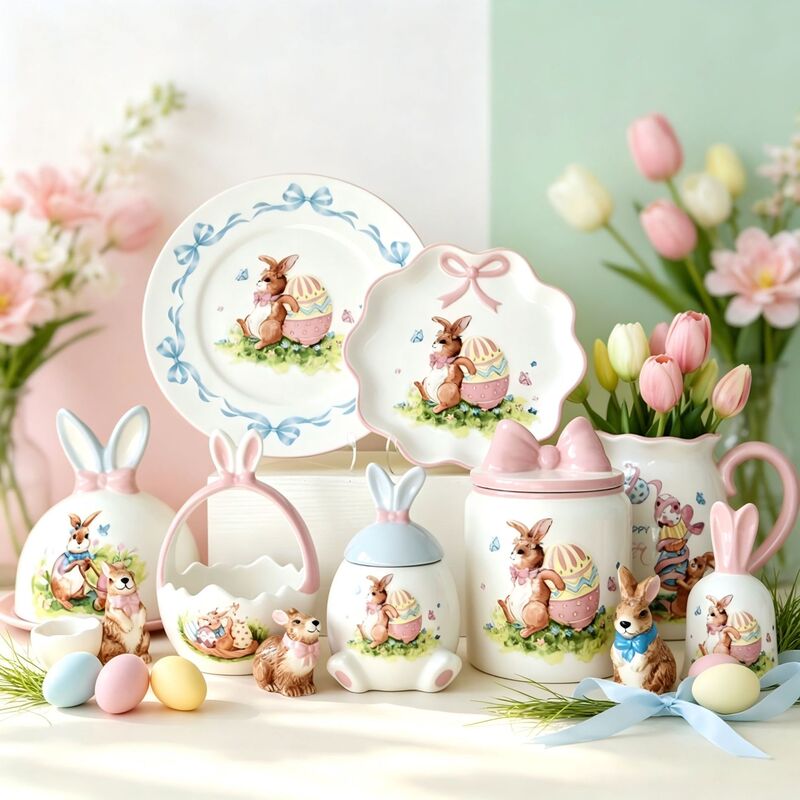 Easter Ceramic Tableware Set Cartoon Rabbit Underglaze Color Bowls and Plates Cute Home Decor Cross-Border New Product