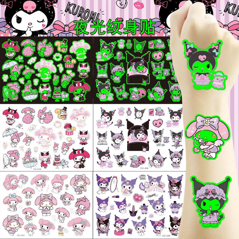 Glow-In-The-Dark Sanrio Tattoo Stickers Kuromi Melody Water Transfer Disposable Tattoos Children's Birthday Stickers