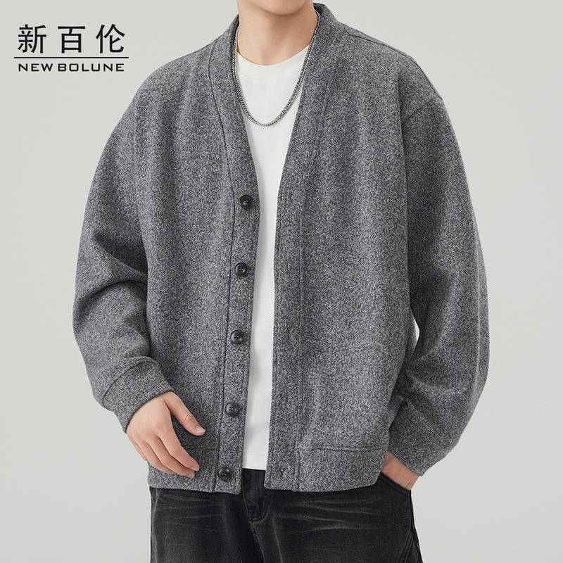 New Balance Sheep Wool Japanese Retro Cardigan Sweatshirt for Men, Autumn New Loose V-Neck Heavyweight Jacket Trendy
