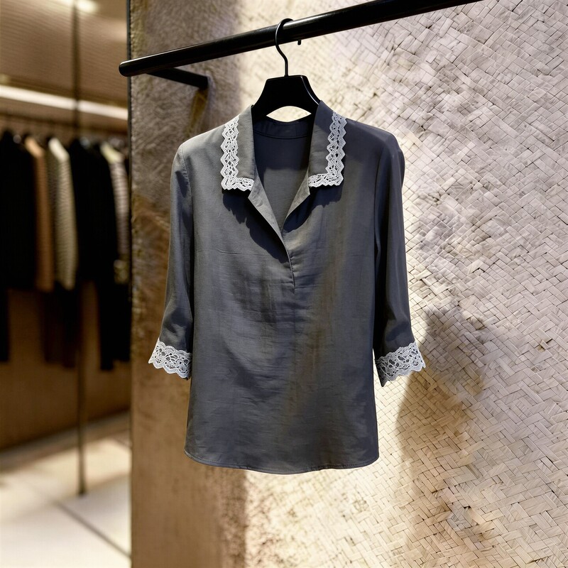 Fashionable High-End Commuter Style Lace Lapel Top for Women in Dark Gray, Versatile and Casual Style Shirt with Lace Splicing