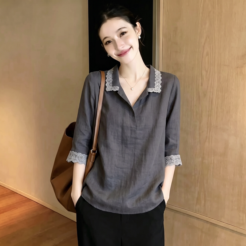 High-End Commuter Style Lace Lapel Top for Women, Dark Gray, Elegant and Versatile Casual Style Shirt with Lace Splicing