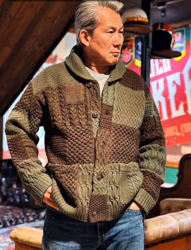 Green Fruit Collar Cardigan. New Autumn and Winter 100% Wool Knitted Mixed Color Retro American-Style Men's Sweater Cardigan