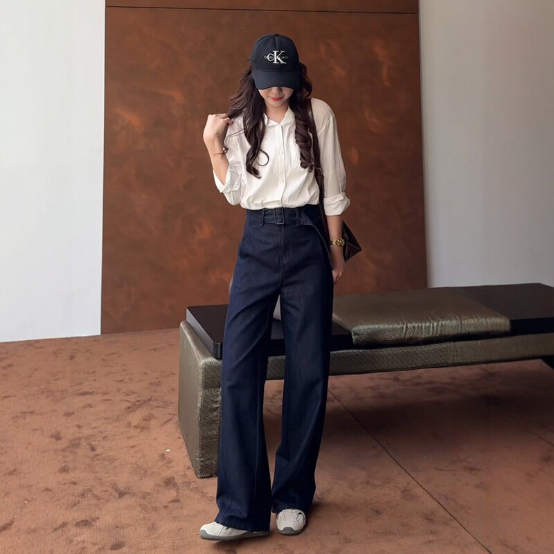 Dark Blue Straight-Leg Jeans for Women, 2026 Early Autumn New Style, Plus Size, Flattering for Pear-Shaped Body, High-Waisted, Slim-Fit Wide-Leg Pants